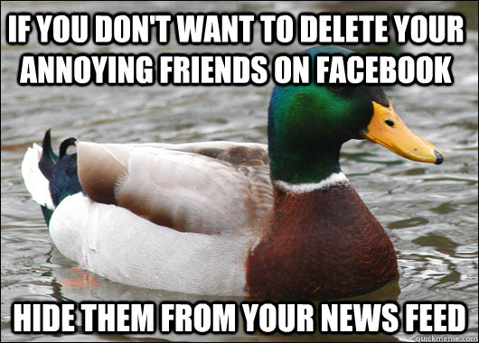If you don't want to delete your annoying friends on facebook Hide them from your news feed  Actual Advice Mallard
