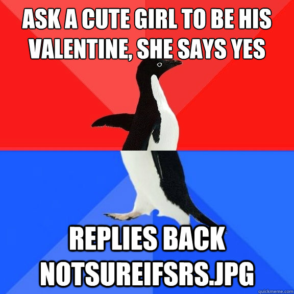 Ask a cute girl to be his valentine, she says yes replies back notsureifsrs.jpg  Socially Awksome Penguin