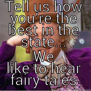 TELL US HOW YOU'RE THE BEST IN THE STATE... WE LIKE TO HEAR FAIRY TALES Condescending Wonka