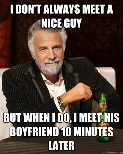 i don't always meet a nice guy but when I do, i meet his boyfriend 10 minutes later  The Most Interesting Man In The World