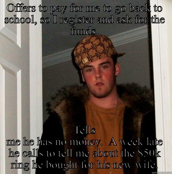 OFFERS TO PAY FOR ME TO GO BACK TO SCHOOL, SO I REGISTER AND ASK FOR THE FUNDS. TELLS ME HE HAS NO MONEY.  A WEEK LATE HE CALLS TO TELL ME ABOUT THE $50K RING HE BOUGHT FOR HIS NEW WIFE. Scumbag Steve