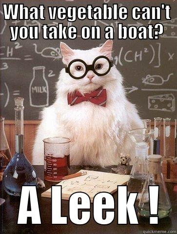WHAT VEGETABLE CAN'T YOU TAKE ON A BOAT?  A LEEK ! Chemistry Cat