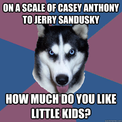 on a scale of casey anthony to jerry sandusky how much do you like little kids?  Creeper Canine