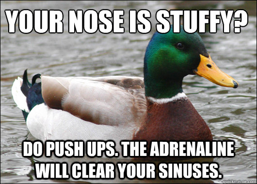 Your nose is stuffy? Do push ups. The adrenaline will clear your sinuses.  Actual Advice Mallard