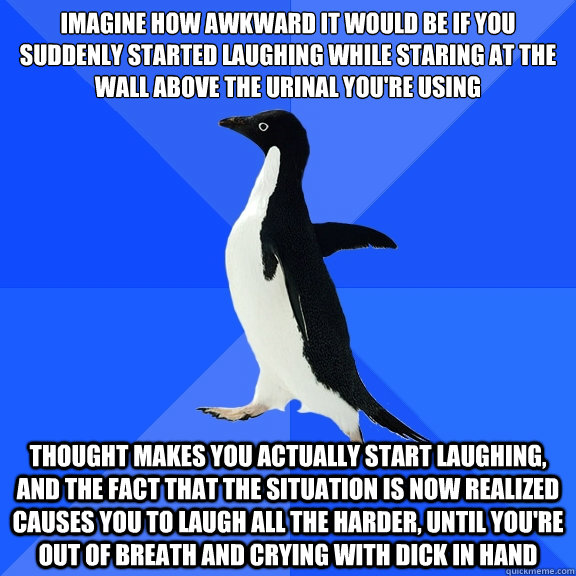 Imagine how awkward it would be if you suddenly started laughing while staring at the wall above the urinal you're using Thought makes you actually start laughing, and the fact that the situation is now realized causes you to laugh all the harder, until y  Socially Awkward Penguin