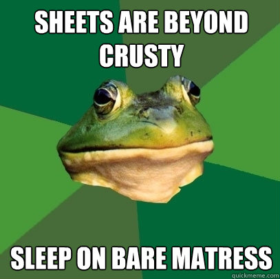 Sheets are beyond crusty Sleep on bare matress  Foul Bachelor Frog