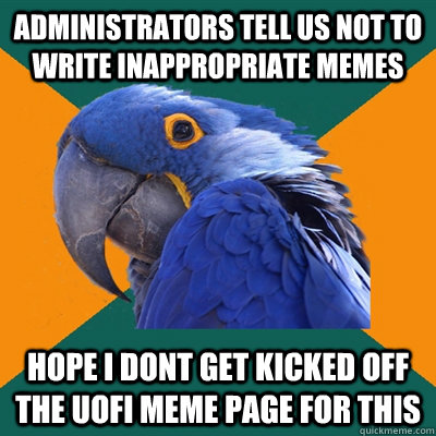 administrators tell us not to write inappropriate memes hope i dont get kicked off the uofi meme page for this  Paranoid Parrot