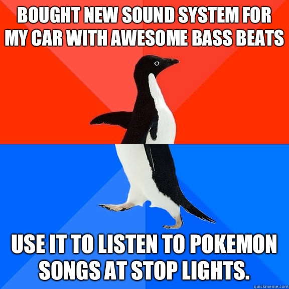 Bought new sound system for my car with awesome bass beats Use it to listen to pokemon songs at stop lights.  Socially Awesome Awkward Penguin