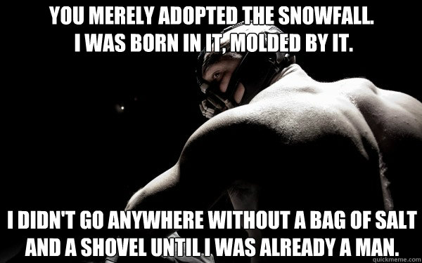 You merely adopted the snowfall.
 I was born in it, molded by it. I didn't go anywhere without a bag of salt and a shovel until I was already a man. - You merely adopted the snowfall.
 I was born in it, molded by it. I didn't go anywhere without a bag of salt and a shovel until I was already a man.  Back Muscle Bane