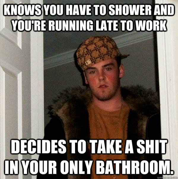 knows you have to shower and you're running late to work decides to take a shit in your only bathroom.  - knows you have to shower and you're running late to work decides to take a shit in your only bathroom.   Scumbag Steve