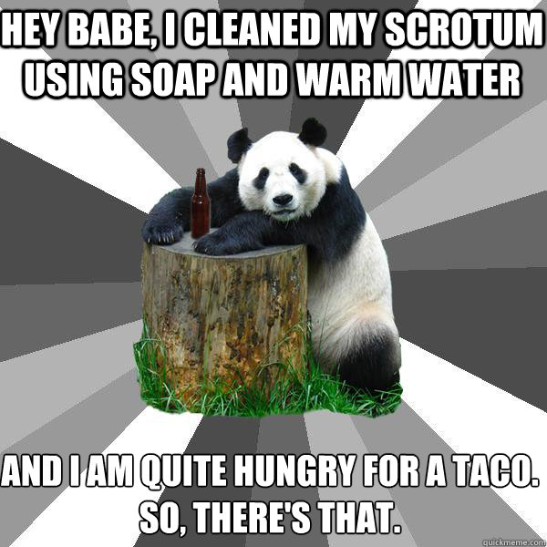 Hey babe, I cleaned my scrotum using soap and warm water and I am quite hungry for a taco.
So, there's that.  Pickup-Line Panda