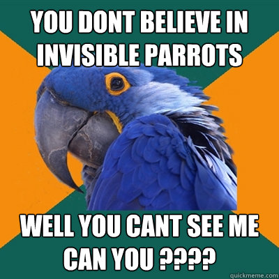 You dont believe in invisible parrots well you cant see me can you ????  Paranoid Parrot