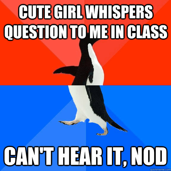 Cute girl whispers question to me in class Can't hear it, nod  Socially Awesome Awkward Penguin