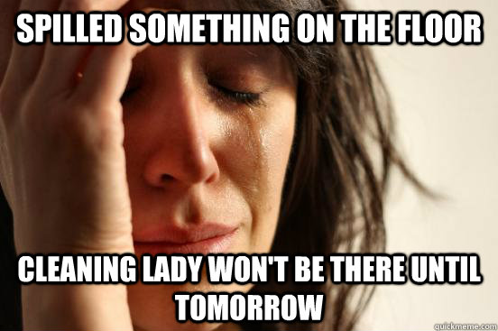 spilled something on the floor Cleaning lady won't be there until tomorrow  First World Problems