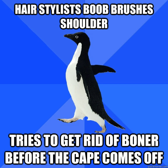HAIR STYLISTS BOOB BRUSHES SHOULDER TRIES TO GET RID OF BONER BEFORE THE CAPE COMES OFF  Socially Awkward Penguin