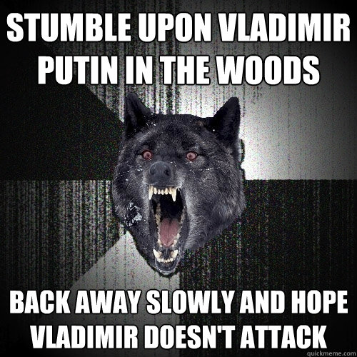 Stumble upon Vladimir Putin in the woods back away slowly and hope vladimir doesn't attack  Insanity Wolf