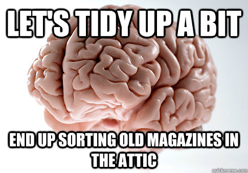 Let's tidy up a bit end up sorting old magazines in the attic  Scumbag Brain