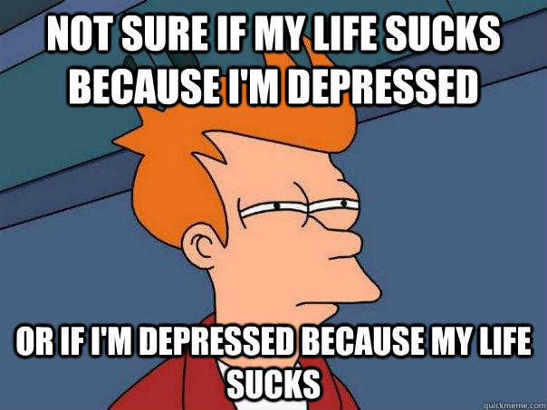 Not sure if my life sucks because I'm depressed Or if I'm depressed because my life sucks - Not sure if my life sucks because I'm depressed Or if I'm depressed because my life sucks  Futurama Fry