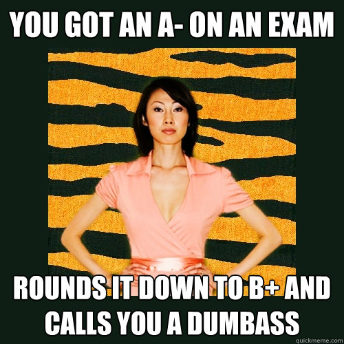 You got an A- on an exam rounds it down to B+ and calls you a dumbass  Tiger Mom