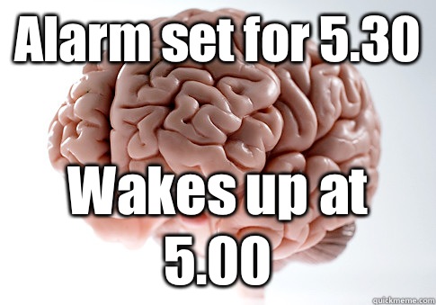 Alarm set for 5.30 Wakes up at 5.00  Scumbag Brain