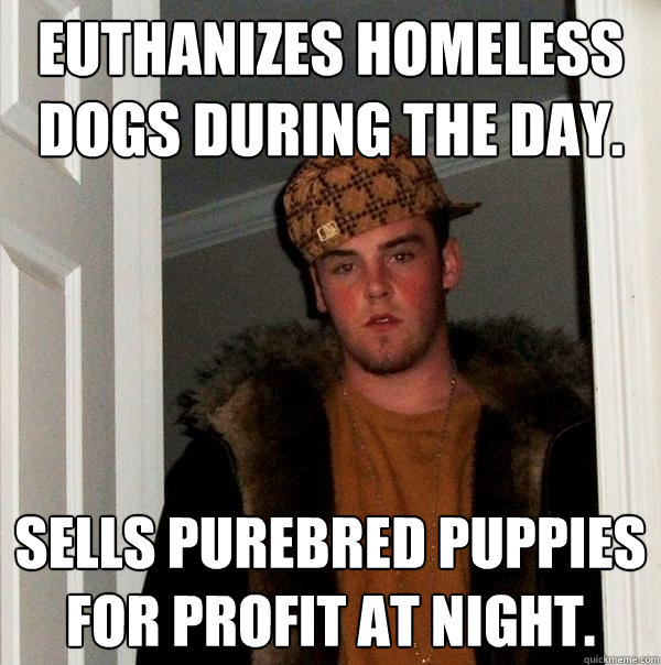 Euthanizes homeless dogs during the day. Sells purebred puppies for profit at night.  Scumbag Steve