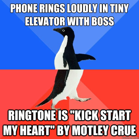 Phone rings loudly in tiny elevator with boss Ringtone is 