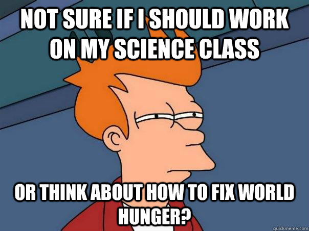 Not sure if I should work on my science class or think about how to fix world hunger?  Futurama Fry