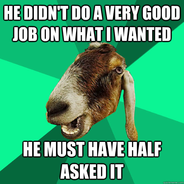 He didn't do a very good job on what i wanted he must have half asked it - He didn't do a very good job on what i wanted he must have half asked it  Incorrect Expression Goat