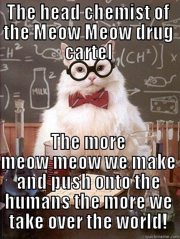 THE HEAD CHEMIST OF THE MEOW MEOW DRUG CARTEL THE MORE MEOW MEOW WE MAKE AND PUSH ONTO THE HUMANS THE MORE WE TAKE OVER THE WORLD! Chemistry Cat