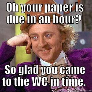 WC  - OH YOUR PAPER IS DUE IN AN HOUR?  SO GLAD YOU CAME TO THE WC IN TIME.  Condescending Wonka