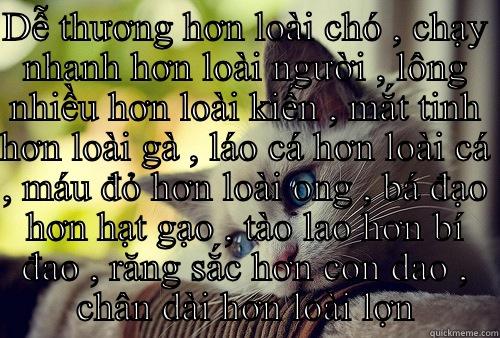 DỄ THƯƠNG HƠN LOÀI CHÓ , CHẠY NHANH HƠN LOÀI NGƯỜI , LÔNG NHIỀU HƠN LOÀI KIẾN , MẮT TINH HƠN LOÀI GÀ , LÁO CÁ HƠN LOÀI CÁ , MÁU ĐỎ HƠN LOÀI ONG , BÁ ĐẠO HƠN HẠT GẠO , TÀO LAO HƠN BÍ ĐAO , RĂNG SẮC HƠN CON DAO , CHÂN DÀI HƠN LOÀI LỢN  First World Problems Cat