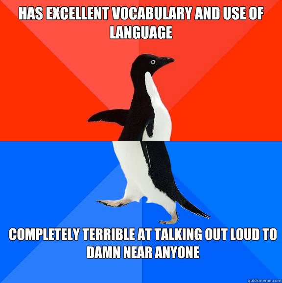 Has excellent vocabulary and use of language completely terrible at talking out loud to damn near anyone
   Socially Awesome Awkward Penguin