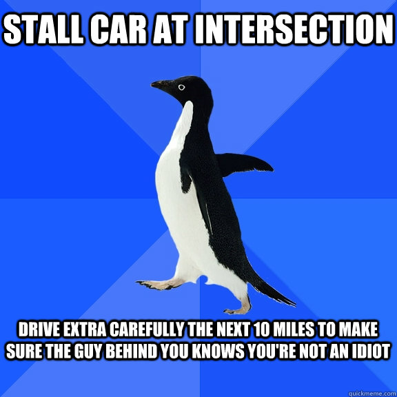 stall car at intersection  drive extra carefully the next 10 miles to make sure the guy behind you knows you're not an idiot   Socially Awkward Penguin