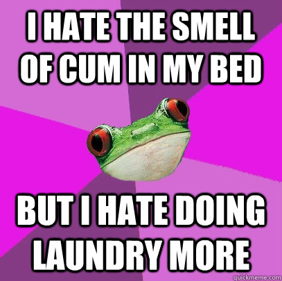 i hate the smell of cum in my bed but i hate doing laundry more - i hate the smell of cum in my bed but i hate doing laundry more  Foul Bachelorette Frog
