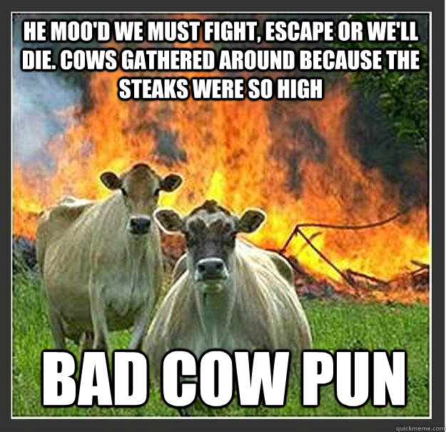 he moo'd we must fight, escape or we'll die. Cows gathered around because the STEAKS were so High Bad Cow Pun - he moo'd we must fight, escape or we'll die. Cows gathered around because the STEAKS were so High Bad Cow Pun  Evil cows