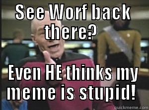 SEE WORF BACK THERE?  EVEN HE THINKS MY MEME IS STUPID!  Annoyed Picard