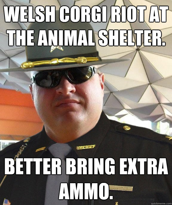 Welsh Corgi riot at the animal shelter. Better bring extra ammo.  Scumbag sheriff