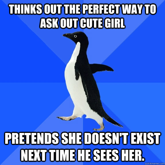 Thinks out the perfect way to ask out cute girl pretends she doesn't exist next time he sees her.  Socially Awkward Penguin