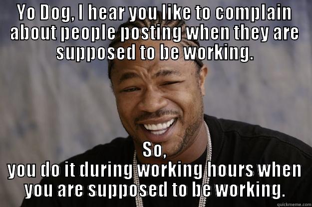 YO DOG, I HEAR YOU LIKE TO COMPLAIN ABOUT PEOPLE POSTING WHEN THEY ARE SUPPOSED TO BE WORKING. SO, YOU DO IT DURING WORKING HOURS WHEN YOU ARE SUPPOSED TO BE WORKING. Xzibit meme