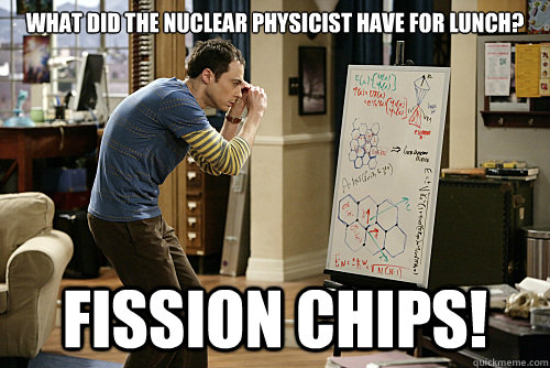 What did the nuclear physicist have for lunch? Fission chips!  Lame joke physicist