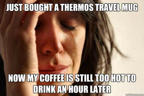 just bought a Thermos Travel mug Now my coffee is still too hot to drink an hour later  First World Problems