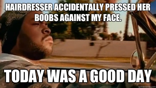 Hairdresser accidentally pressed her boobs against my face.  Today was a good day - Hairdresser accidentally pressed her boobs against my face.  Today was a good day  Misc