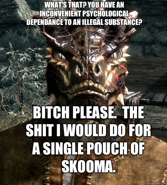What's that? You have an inconvenient psychological dependance to an illegal substance? Bitch please.  The shit I would do for a single pouch of Skooma.   Funny Argonian