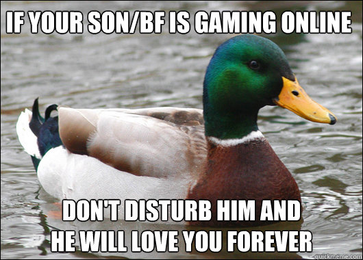 If your son/bf is gaming online don't disturb him and
he will love you forever  Actual Advice Mallard