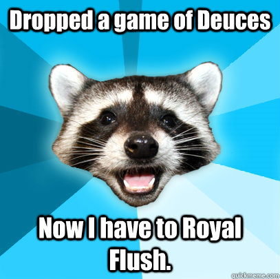 Dropped a game of Deuces Now I have to Royal Flush.  Lame Pun Coon