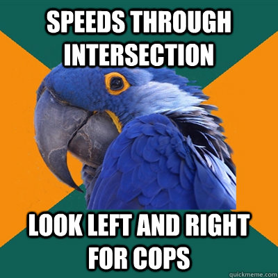 speeds through intersection Look left and right for cops  Paranoid Parrot