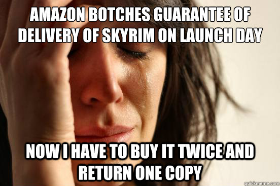 Amazon botches guarantee of delivery of Skyrim on launch day now I have to buy it twice and return one copy  First World Problems