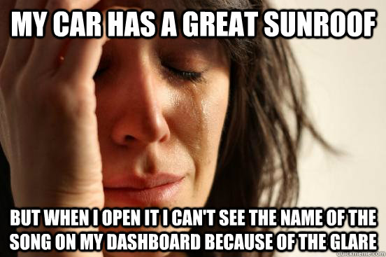 My car has a great sunroof But when I open it I can't see the name of the song on my dashboard because of the glare  First World Problems