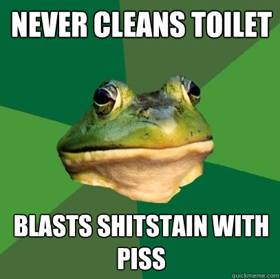 never cleans toilet blasts shitstain with piss  Foul Bachelor Frog