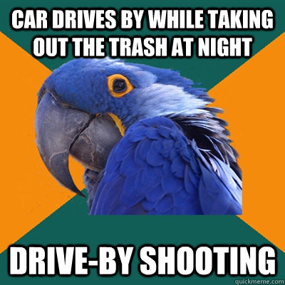 Car drives by while taking out the trash at night Drive-by shooting  Paranoid Parrot
